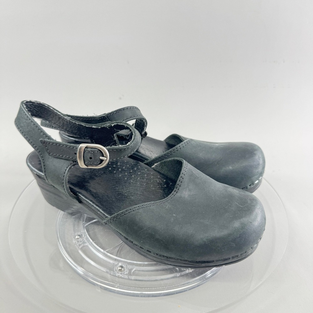 Sanita Womens Mary Jane Slingback Clogs Black Matte Leather Platform Wedge 39